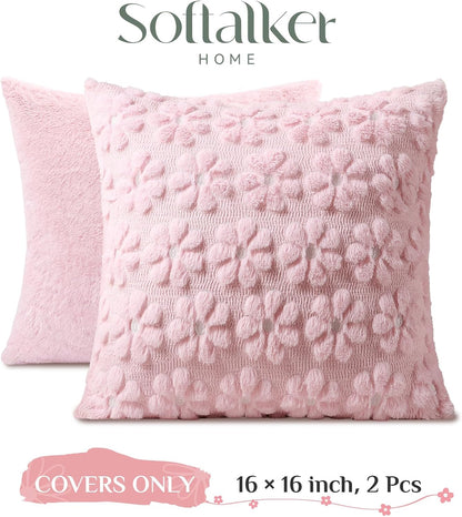 Spring Decorative Throw Pillow Covers 16 x 16 Inch Set of 2, Farmhouse Summer Floral Daisy Soft Faux Fur Cushion Covers, 3D Pillow Cases for Couch Bedroom Living Sofa Room Home Decor, Pink