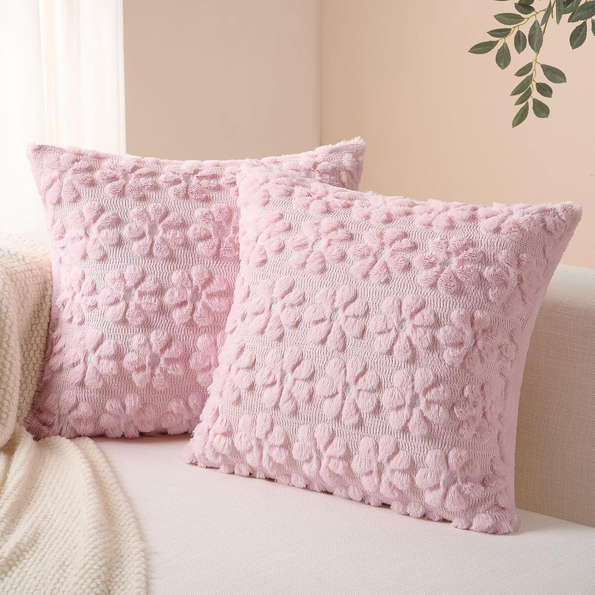 Spring Decorative Throw Pillow Covers 16 x 16 Inch Set of 2, Farmhouse Summer Floral Daisy Soft Faux Fur Cushion Covers, 3D Pillow Cases for Couch Bedroom Living Sofa Room Home Decor, Pink