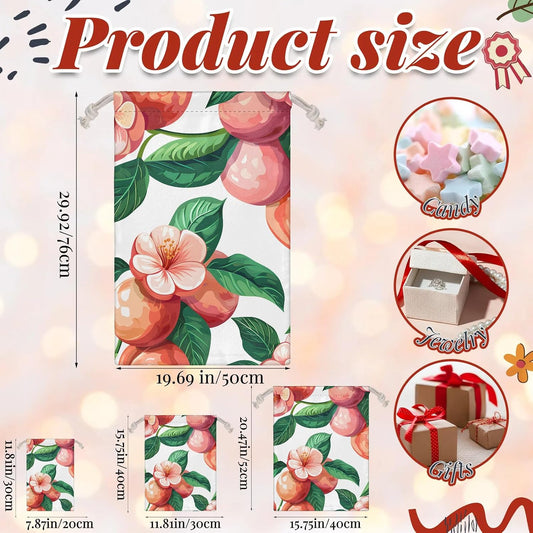JMAVZWS Peach Flower Floral Christmas Drawstring Gifts Bags Xmas Treat Pouch for Christmas Party Supplies Assorted Sizes for Holiday Present 11.8 x 7.87 inches