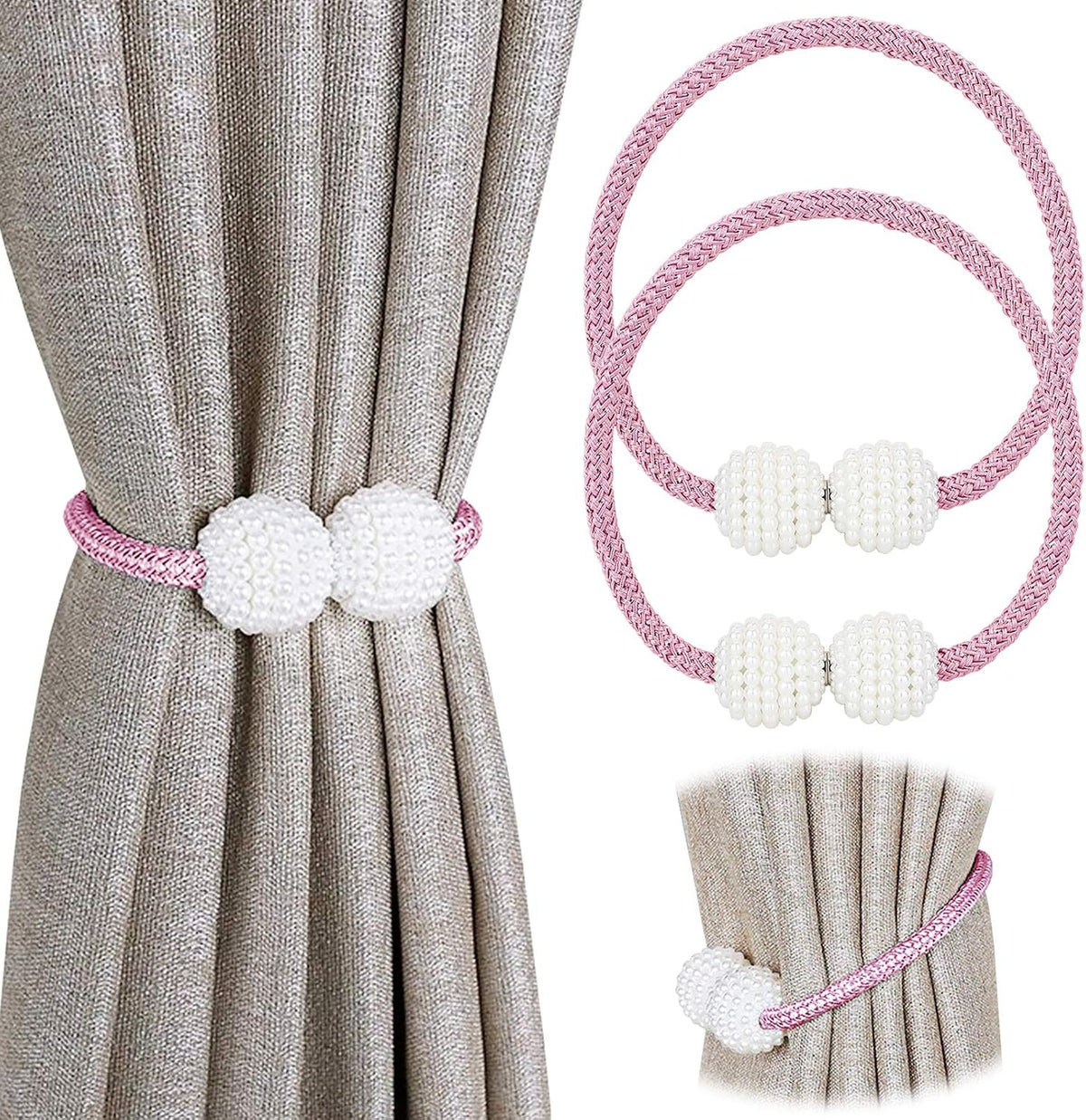 Magnetic Curtain Tiebacks Clips - Window Tie Backs Holders for Home Office Decorative Rope Holdbacks Classic Tiebacks Design (1 Pair, Pink)…