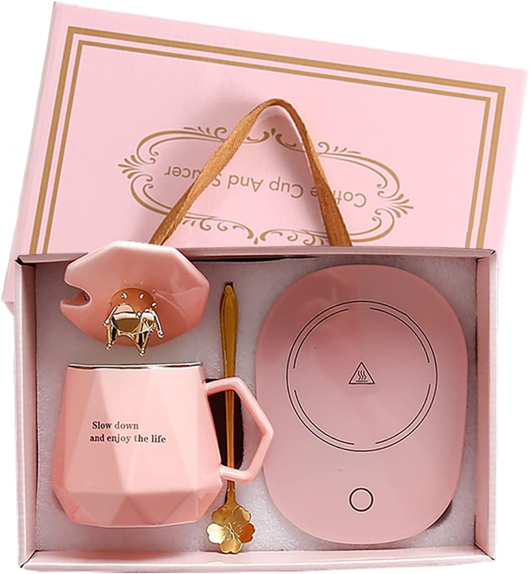 Best Gift for Mother's Day，Easter Coffee Warmer for Desk with Mug Set. Cup Warmer Tea Warmer, Electric Beverage Warmer, Drink Warmer for Cocoa, Tea, Milk. Gifts for Your Loved (Pink)