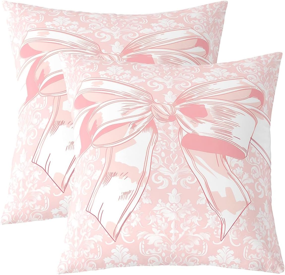 Girly Bowknot Double Sides Print Pillow Covers 22"x 22",Lace Damask Pink Bow Tie Print Soft Square Cushion Cases,Antique Victorian Baroque Throw Pillowcases for Decoratons Set of 2