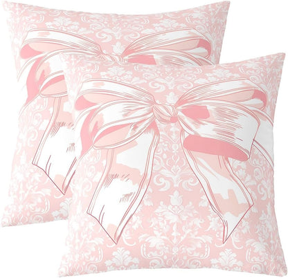 Girly Bowknot Double Sides Print Pillow Covers 22"x 22",Lace Damask Pink Bow Tie Print Soft Square Cushion Cases,Antique Victorian Baroque Throw Pillowcases for Decoratons Set of 2