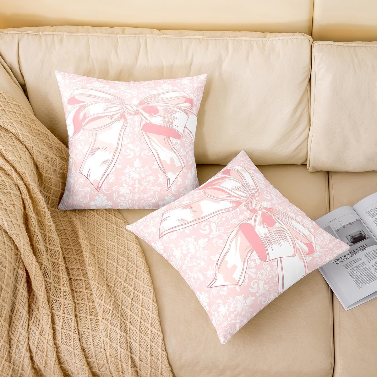 Girly Bowknot Double Sides Print Pillow Covers 22"x 22",Lace Damask Pink Bow Tie Print Soft Square Cushion Cases,Antique Victorian Baroque Throw Pillowcases for Decoratons Set of 2