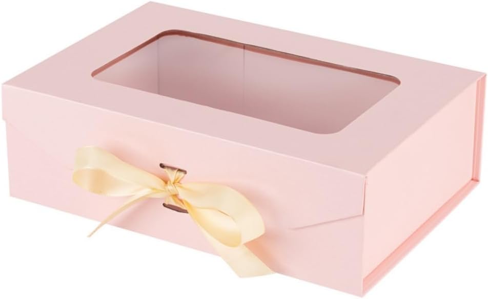 Pink Gift Box for Presents with Ribbon 10.8x7.5x3.5 Inches Clear Gift Box with Window Magnetic Closure Gift Boxes with Lids