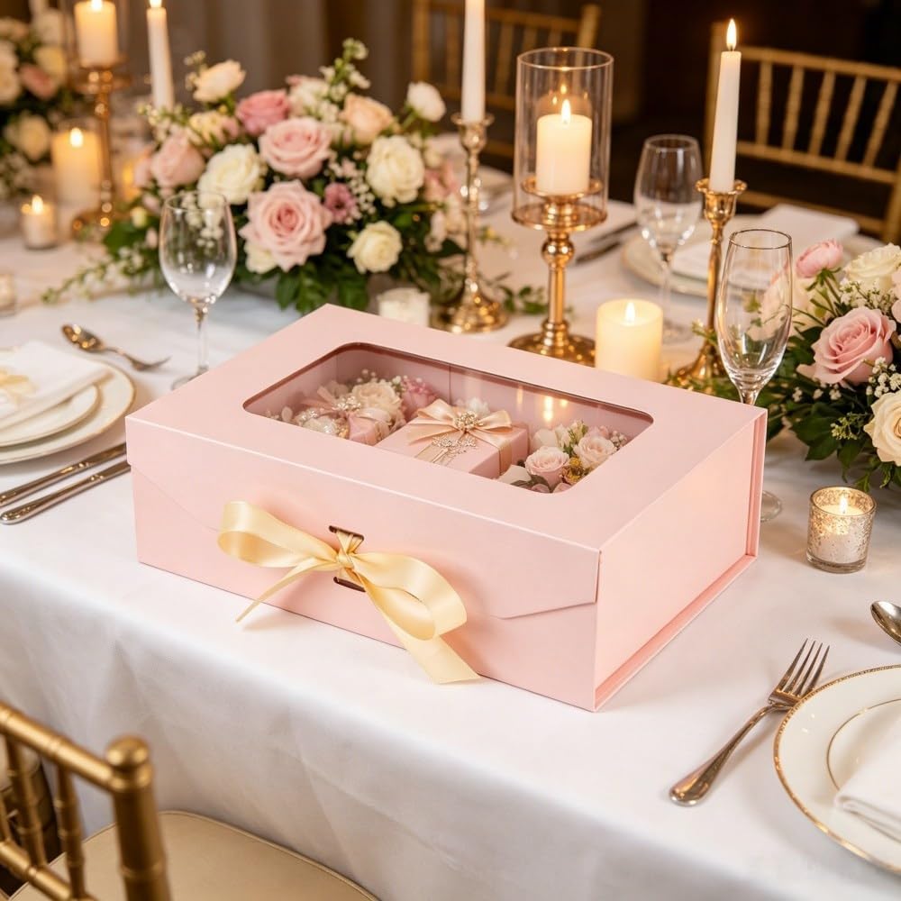 Pink Gift Box for Presents with Ribbon 10.8x7.5x3.5 Inches Clear Gift Box with Window Magnetic Closure Gift Boxes with Lids