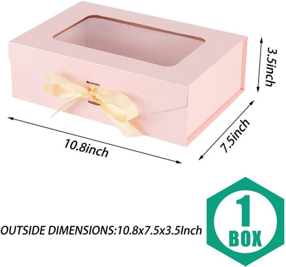 Pink Gift Box for Presents with Ribbon 10.8x7.5x3.5 Inches Clear Gift Box with Window Magnetic Closure Gift Boxes with Lids