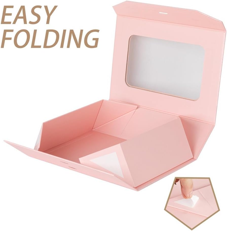 Pink Gift Box for Presents with Ribbon 10.8x7.5x3.5 Inches Clear Gift Box with Window Magnetic Closure Gift Boxes with Lids