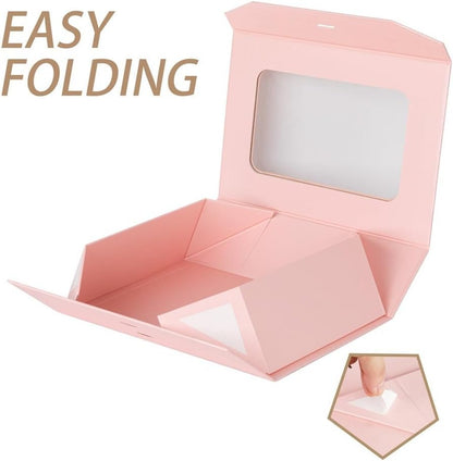 Pink Gift Box for Presents with Ribbon 10.8x7.5x3.5 Inches Clear Gift Box with Window Magnetic Closure Gift Boxes with Lids