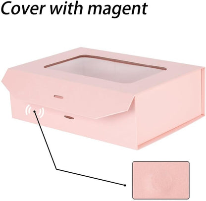 Pink Gift Box for Presents with Ribbon 10.8x7.5x3.5 Inches Clear Gift Box with Window Magnetic Closure Gift Boxes with Lids