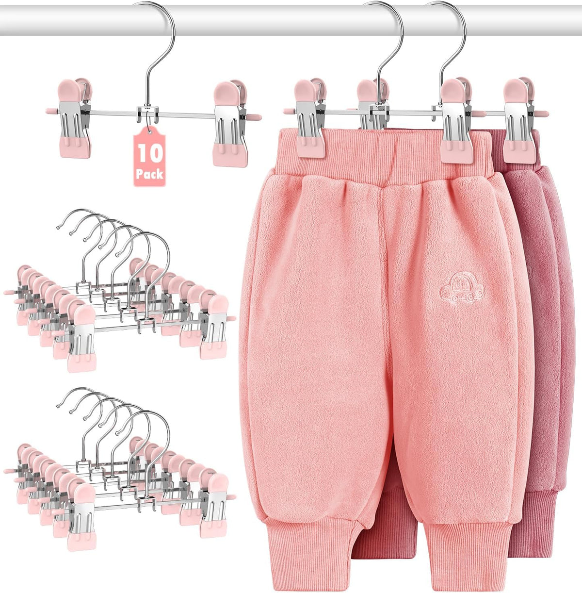 10 Pack Baby Pants Hangers with Clips, Toddler Non-Slip Space Saving Hangers for Pants, Skirts, Clothes - Baby Essentials Closet Organizer