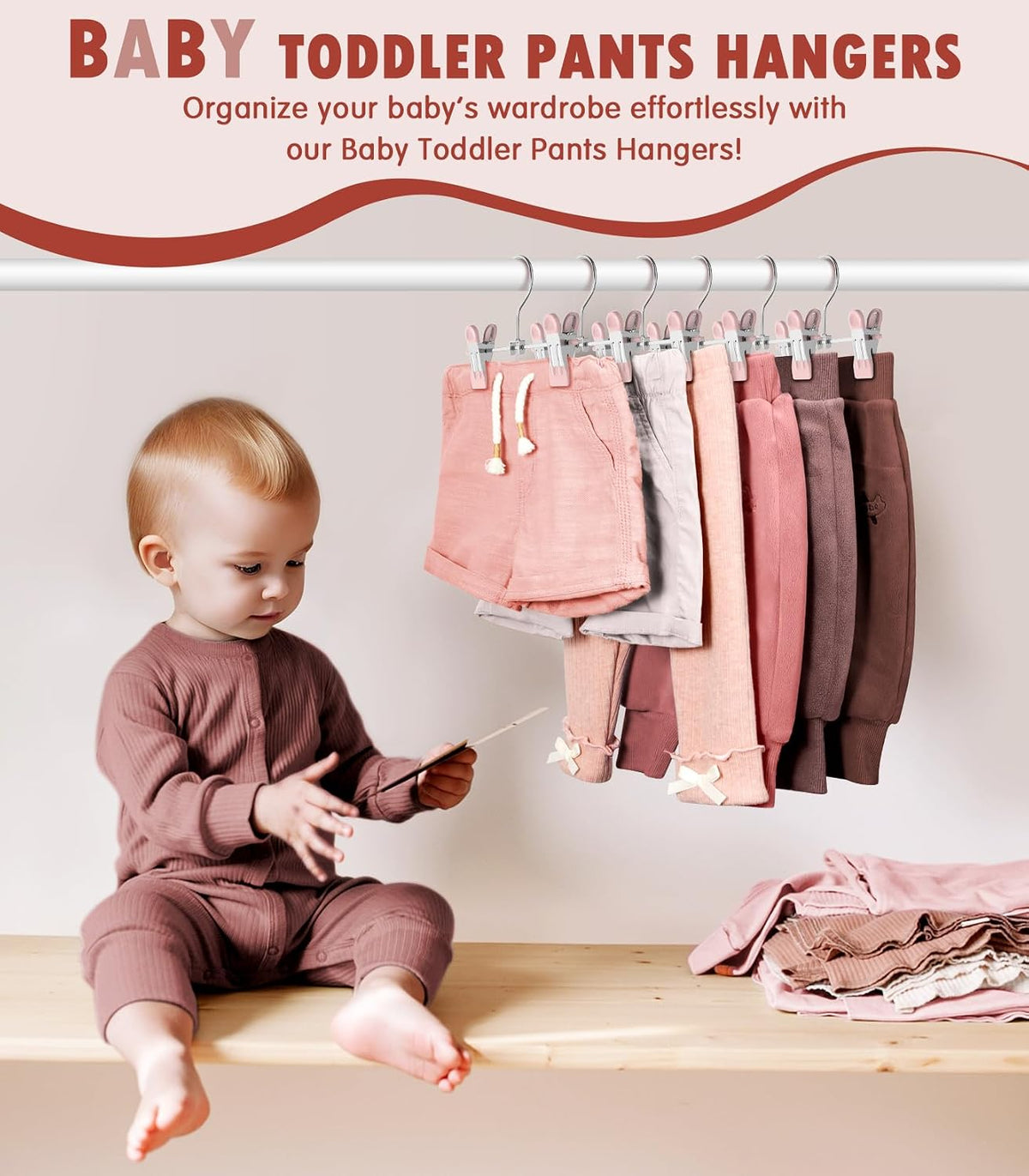 10 Pack Baby Pants Hangers with Clips, Toddler Non-Slip Space Saving Hangers for Pants, Skirts, Clothes - Baby Essentials Closet Organizer