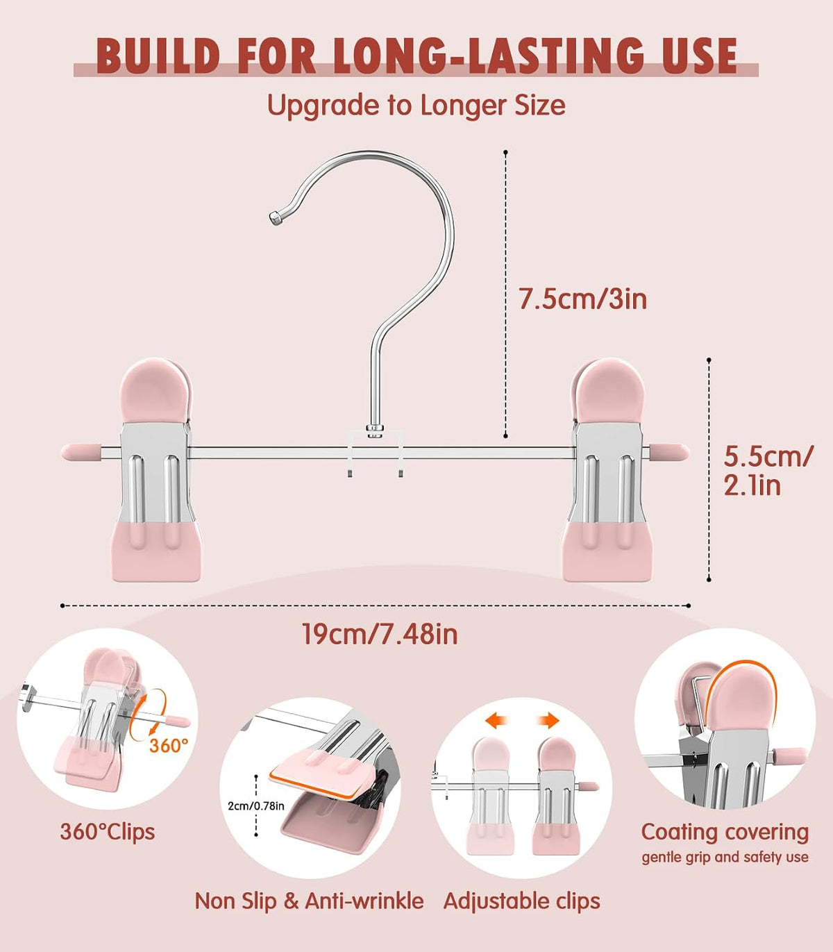 10 Pack Baby Pants Hangers with Clips, Toddler Non-Slip Space Saving Hangers for Pants, Skirts, Clothes - Baby Essentials Closet Organizer