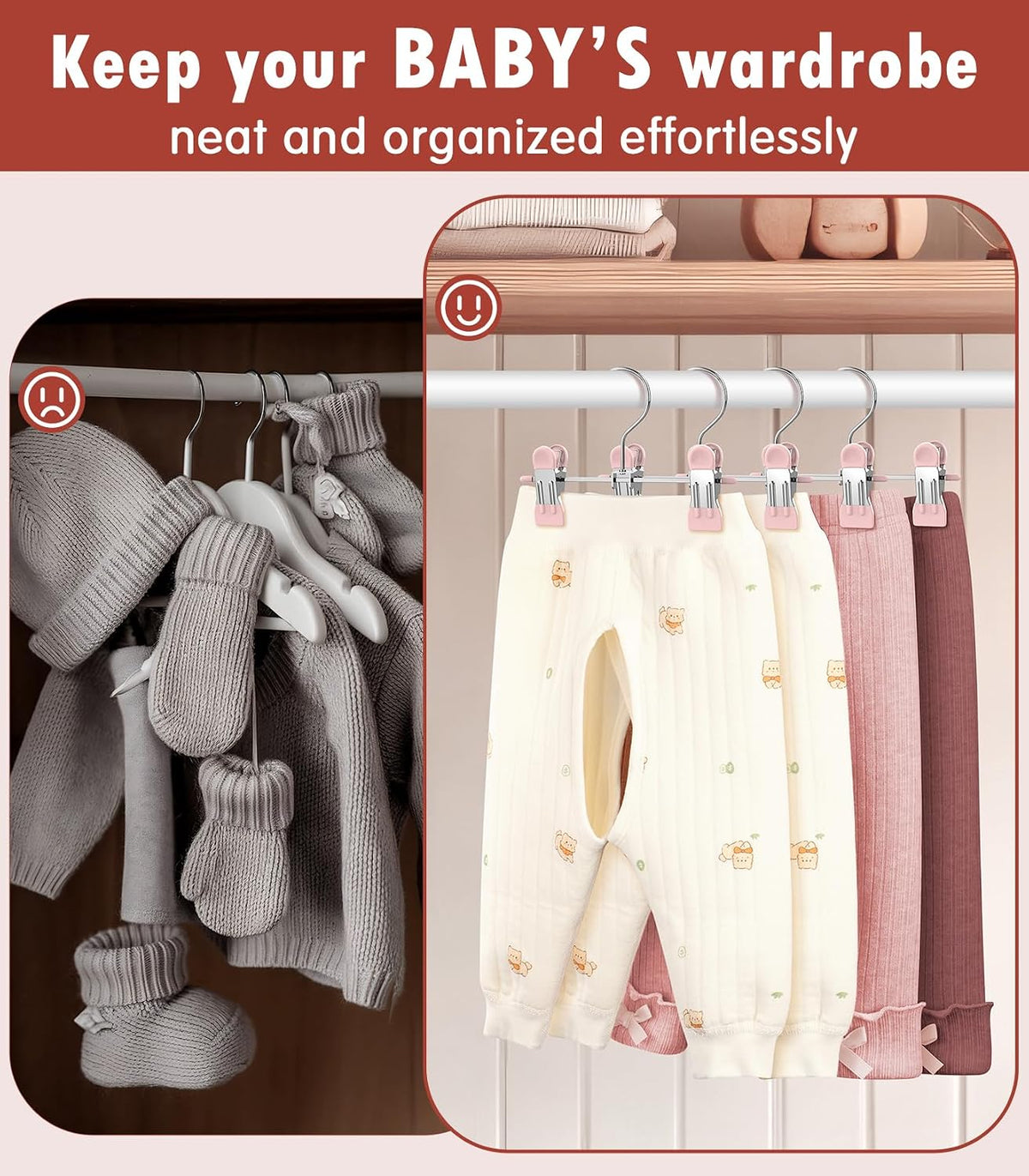 10 Pack Baby Pants Hangers with Clips, Toddler Non-Slip Space Saving Hangers for Pants, Skirts, Clothes - Baby Essentials Closet Organizer