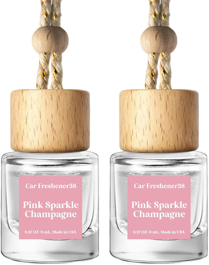 C Classy Hanging Car Air Freshener 2 Pack, Pink Sparkle Champagne Essential Oil Diffuser, Long-Lasting Fragrance, Cute Glass Bottle Car Accessories for Women & Men, Made in USA