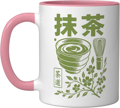 Matcha Tea Ceremony Japanese Green Tea Ceramic Mug, Pink/White, 11oz