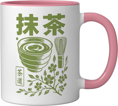 Matcha Tea Ceremony Japanese Green Tea Ceramic Mug, Pink/White, 11oz