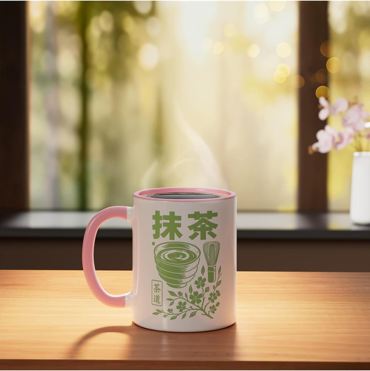 Matcha Tea Ceremony Japanese Green Tea Ceramic Mug, Pink/White, 11oz
