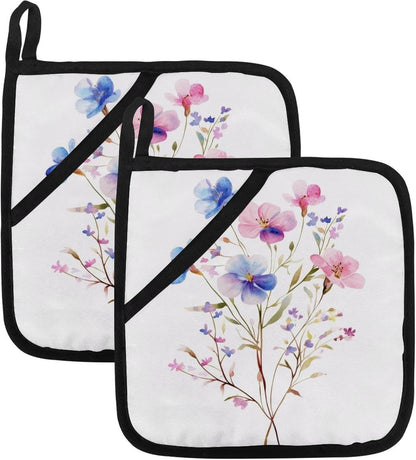 Heat Resistant Pot Holder Set, Light Pink Blue and Purple Floral Leaves Hot Pads Potholder for Kitchen, Washable Oven Mitts for Cooking Baking Pans