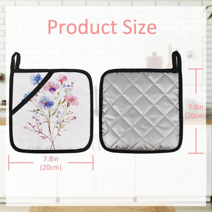 Heat Resistant Pot Holder Set, Light Pink Blue and Purple Floral Leaves Hot Pads Potholder for Kitchen, Washable Oven Mitts for Cooking Baking Pans