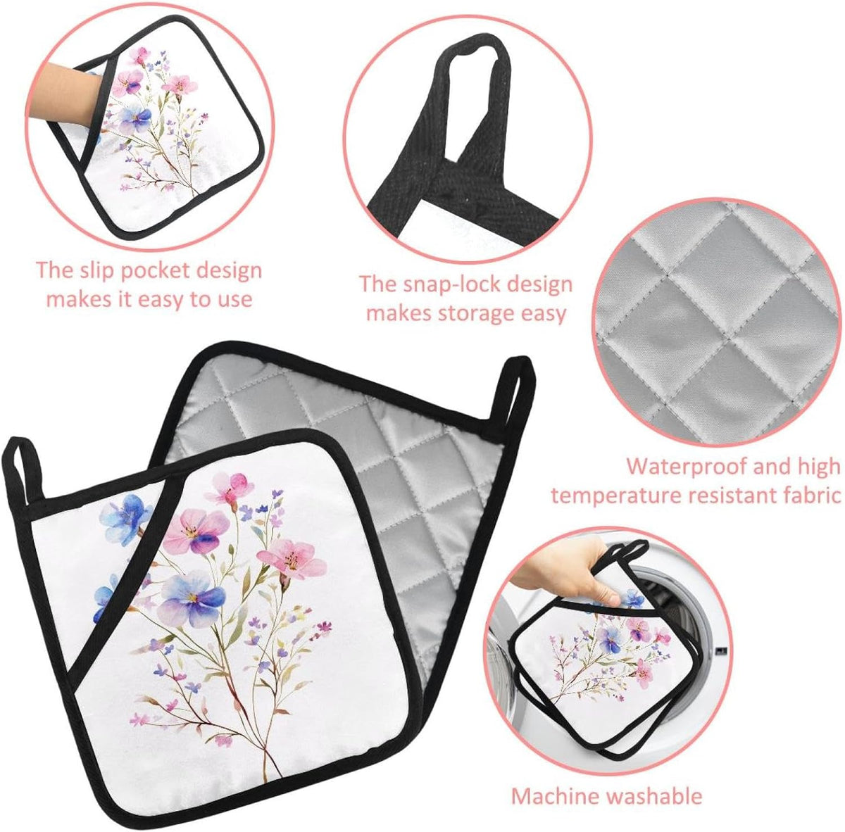 Heat Resistant Pot Holder Set, Light Pink Blue and Purple Floral Leaves Hot Pads Potholder for Kitchen, Washable Oven Mitts for Cooking Baking Pans