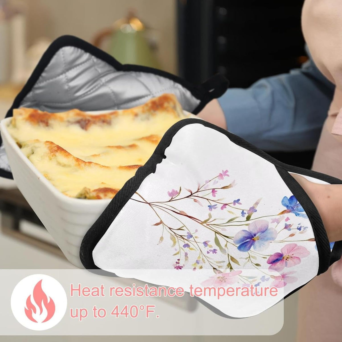Heat Resistant Pot Holder Set, Light Pink Blue and Purple Floral Leaves Hot Pads Potholder for Kitchen, Washable Oven Mitts for Cooking Baking Pans