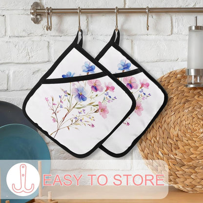 Heat Resistant Pot Holder Set, Light Pink Blue and Purple Floral Leaves Hot Pads Potholder for Kitchen, Washable Oven Mitts for Cooking Baking Pans