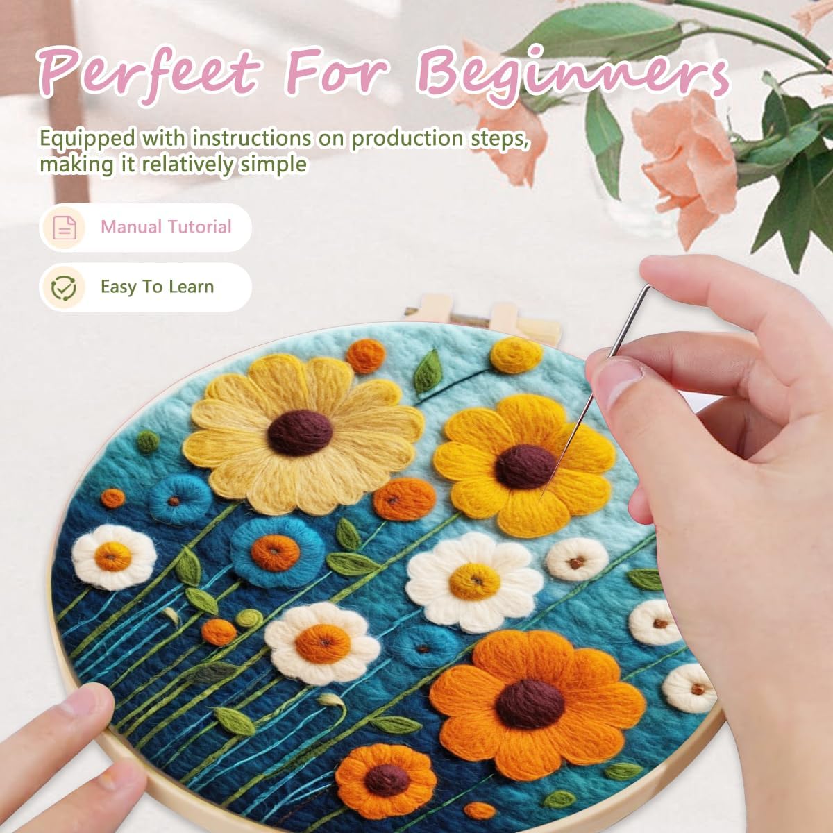 Needle Felting Kits Beginners, Natural Landscape DIY Wool Needle Felting Starter Kit, Floral Needle Felt Set with Foam Pad, Felt Cloth and Instructions, Used for Home Decoration (Pink)