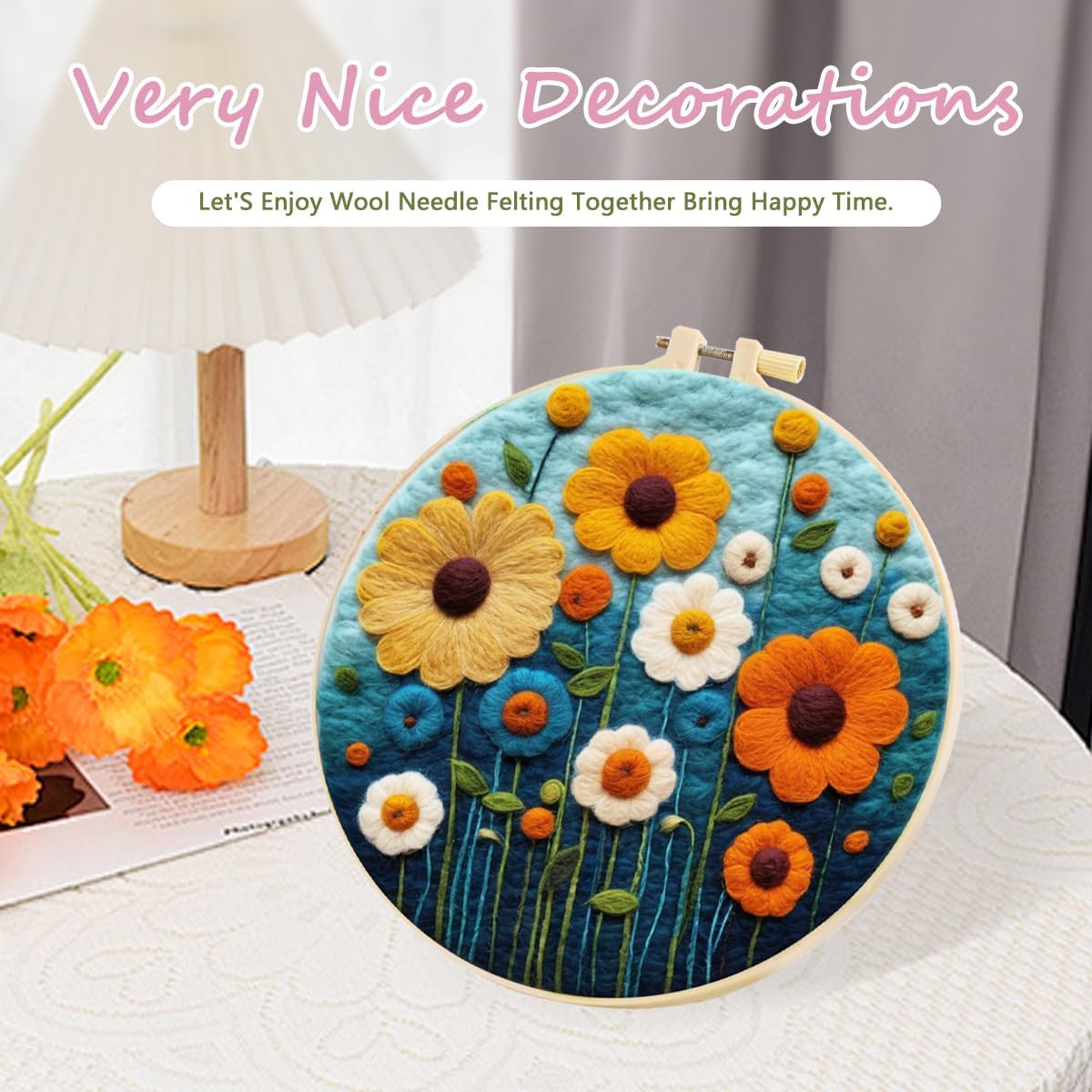 Needle Felting Kits Beginners, Natural Landscape DIY Wool Needle Felting Starter Kit, Floral Needle Felt Set with Foam Pad, Felt Cloth and Instructions, Used for Home Decoration (Pink)