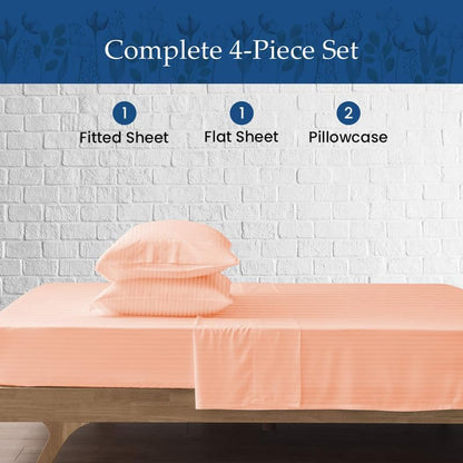 500 Thread Count Peach Stripe(Full XL) Bed-Sheet Set-Highly Breathable 100% Egyptian Cotton, Woven Stripe 4 Piece 15''Inch Deep Pocket Hotel Quality