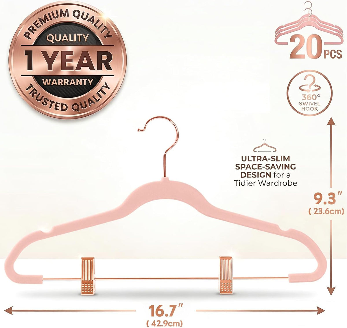 Premium Velvet Pants Hangers with Clips (Pack of 20) Slim Skirt Hangers- Non Slip Felt Outfit Dress Hangers Blush Pink - Copper/Rose Gold Hooks,Space Saving Shirt Clothes Hangers