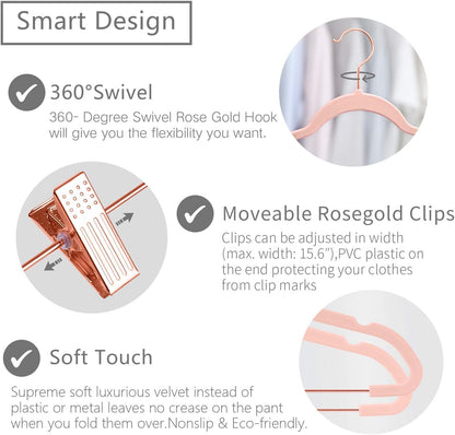 Premium Velvet Pants Hangers with Clips (Pack of 20) Slim Skirt Hangers- Non Slip Felt Outfit Dress Hangers Blush Pink - Copper/Rose Gold Hooks,Space Saving Shirt Clothes Hangers