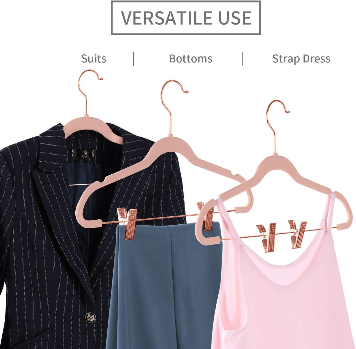 Premium Velvet Pants Hangers with Clips (Pack of 20) Slim Skirt Hangers- Non Slip Felt Outfit Dress Hangers Blush Pink - Copper/Rose Gold Hooks,Space Saving Shirt Clothes Hangers
