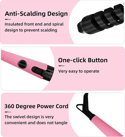 Anti-Scald Ceramic Curling Wand,Portable Curling Iron,Automatic Spiral Hair Curler for Women,Detangle Scald-Free Fast Heating Rollers Suitable for Long and Short Hair Styling(Pink01)