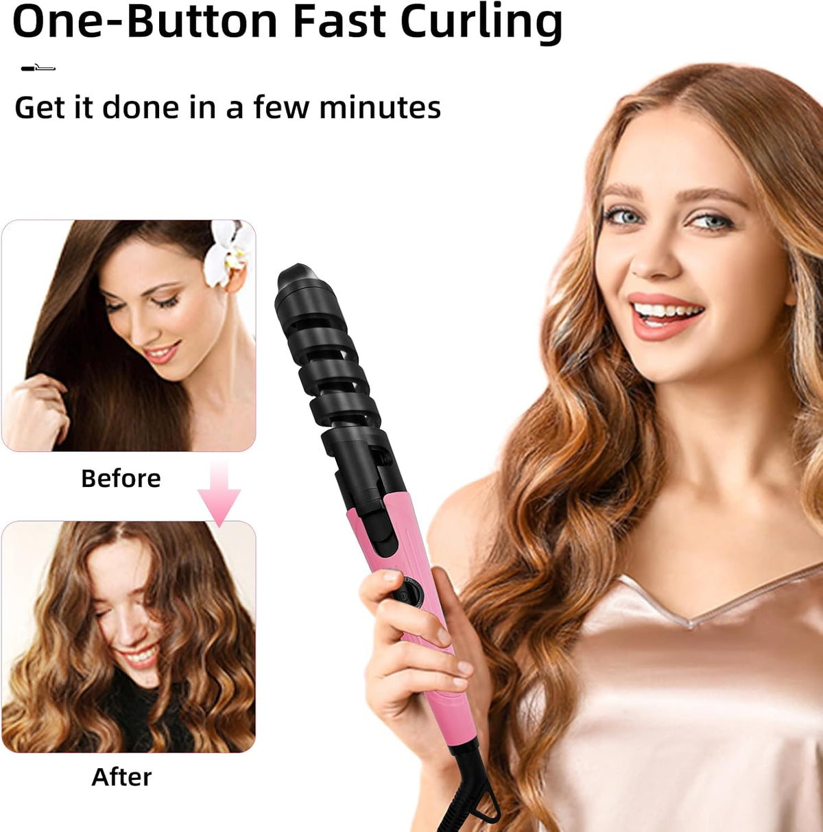 Anti-Scald Ceramic Curling Wand,Portable Curling Iron,Automatic Spiral Hair Curler for Women,Detangle Scald-Free Fast Heating Rollers Suitable for Long and Short Hair Styling(Pink01)