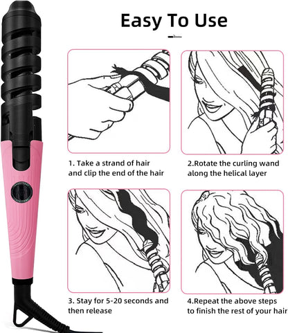 Anti-Scald Ceramic Curling Wand,Portable Curling Iron,Automatic Spiral Hair Curler for Women,Detangle Scald-Free Fast Heating Rollers Suitable for Long and Short Hair Styling(Pink01)