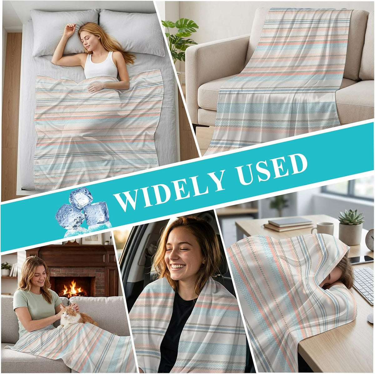 Cooling Blanket 30"x40", Watercolor Blue Pink Striped Summer Cooling Blanket Breathable Lightweight Ice Blankets Retro Lines Blankets for Night Sweats