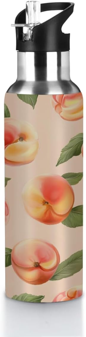 Insulated Water Bottle with Straw, Peach Pattern Stainless Steel Thermal Travel Bottles Tumbler for Gym Fitness Camping, 20oz/600ml