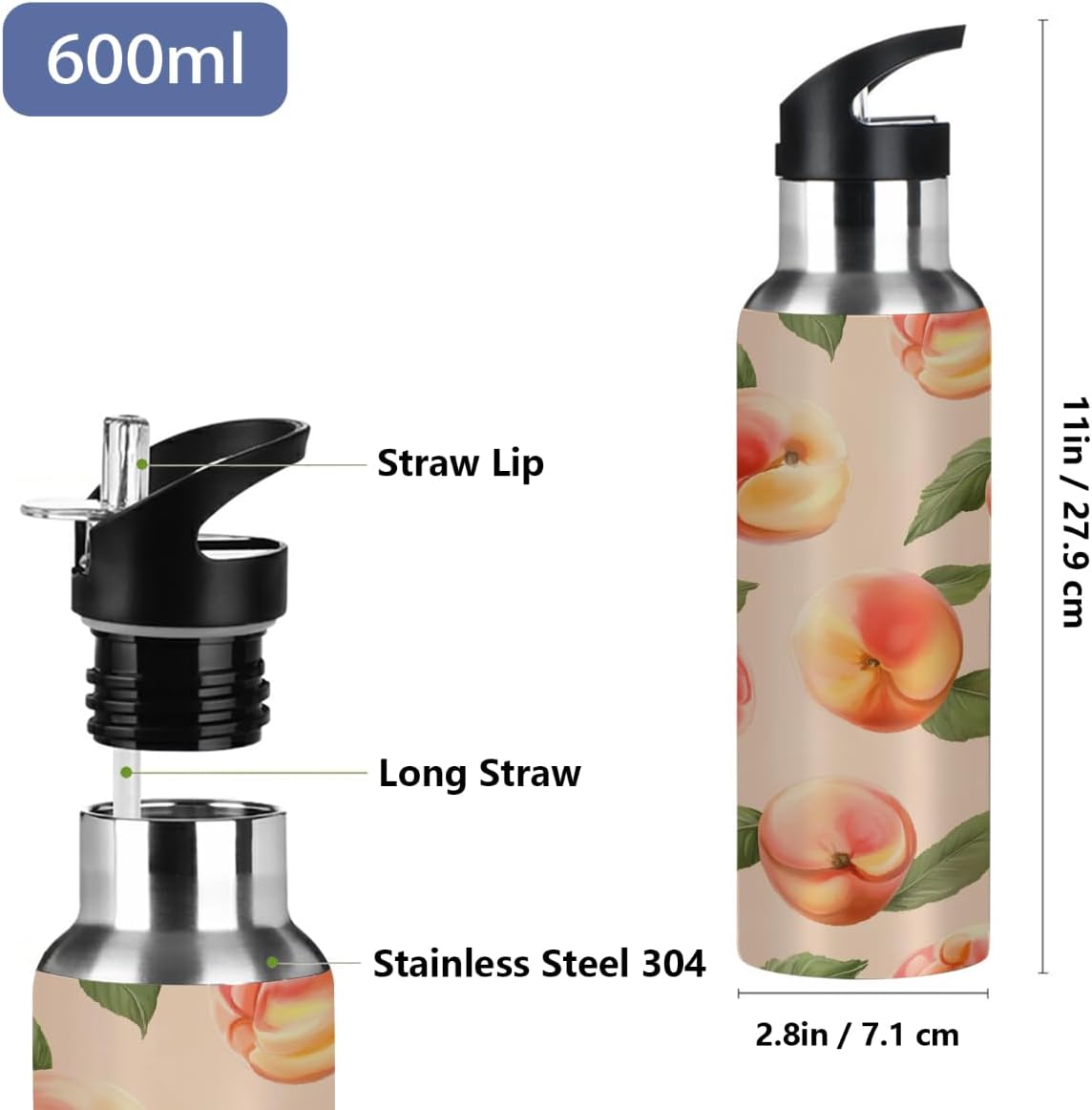 Insulated Water Bottle with Straw, Peach Pattern Stainless Steel Thermal Travel Bottles Tumbler for Gym Fitness Camping, 20oz/600ml