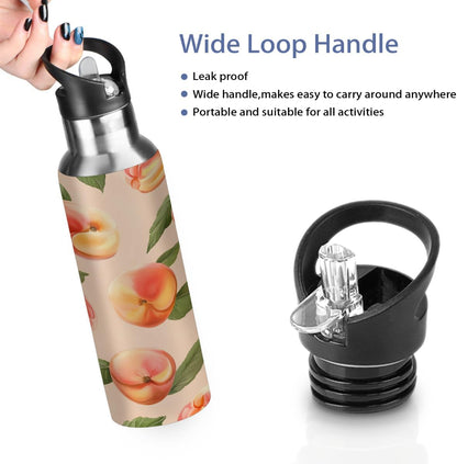 Insulated Water Bottle with Straw, Peach Pattern Stainless Steel Thermal Travel Bottles Tumbler for Gym Fitness Camping, 20oz/600ml