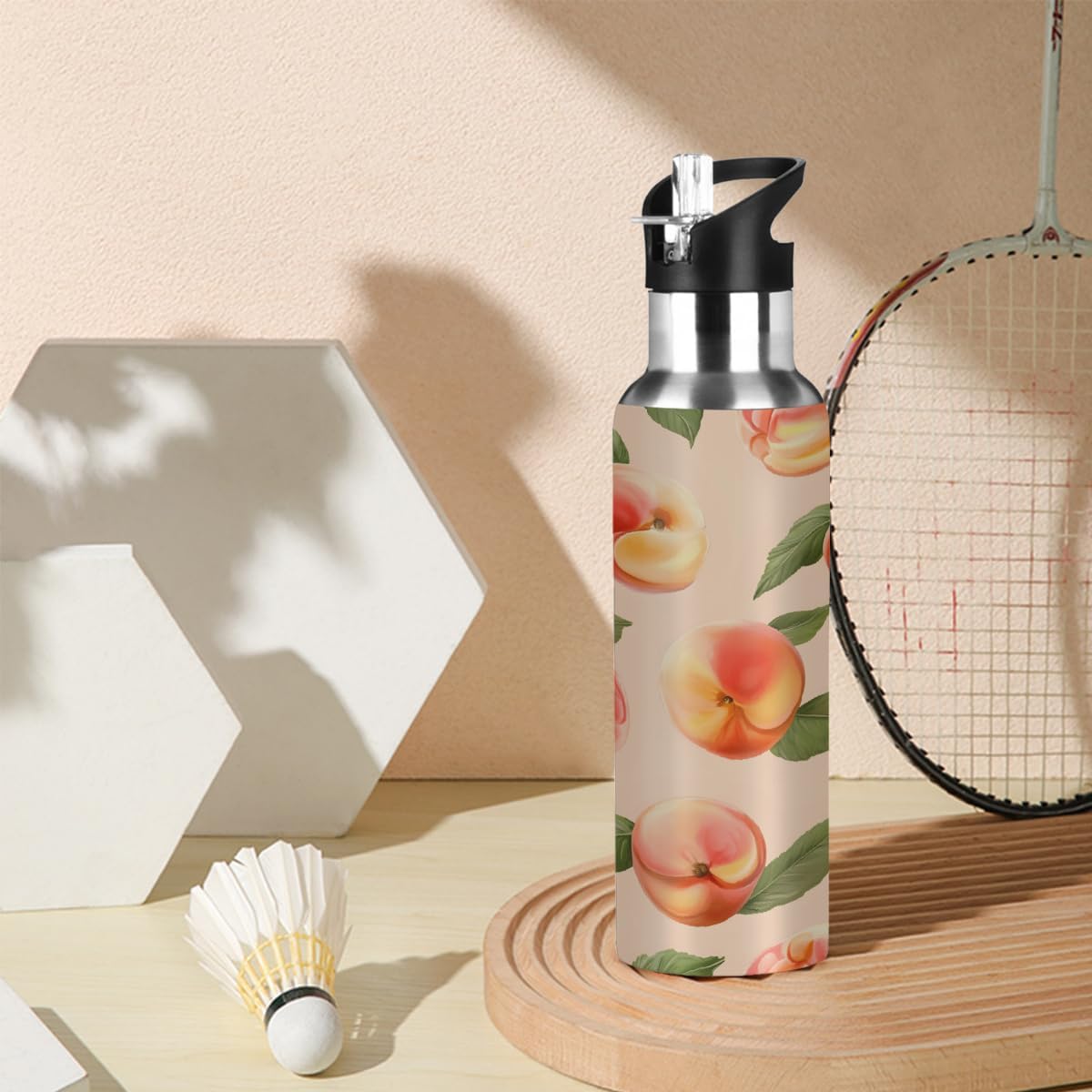 Insulated Water Bottle with Straw, Peach Pattern Stainless Steel Thermal Travel Bottles Tumbler for Gym Fitness Camping, 20oz/600ml