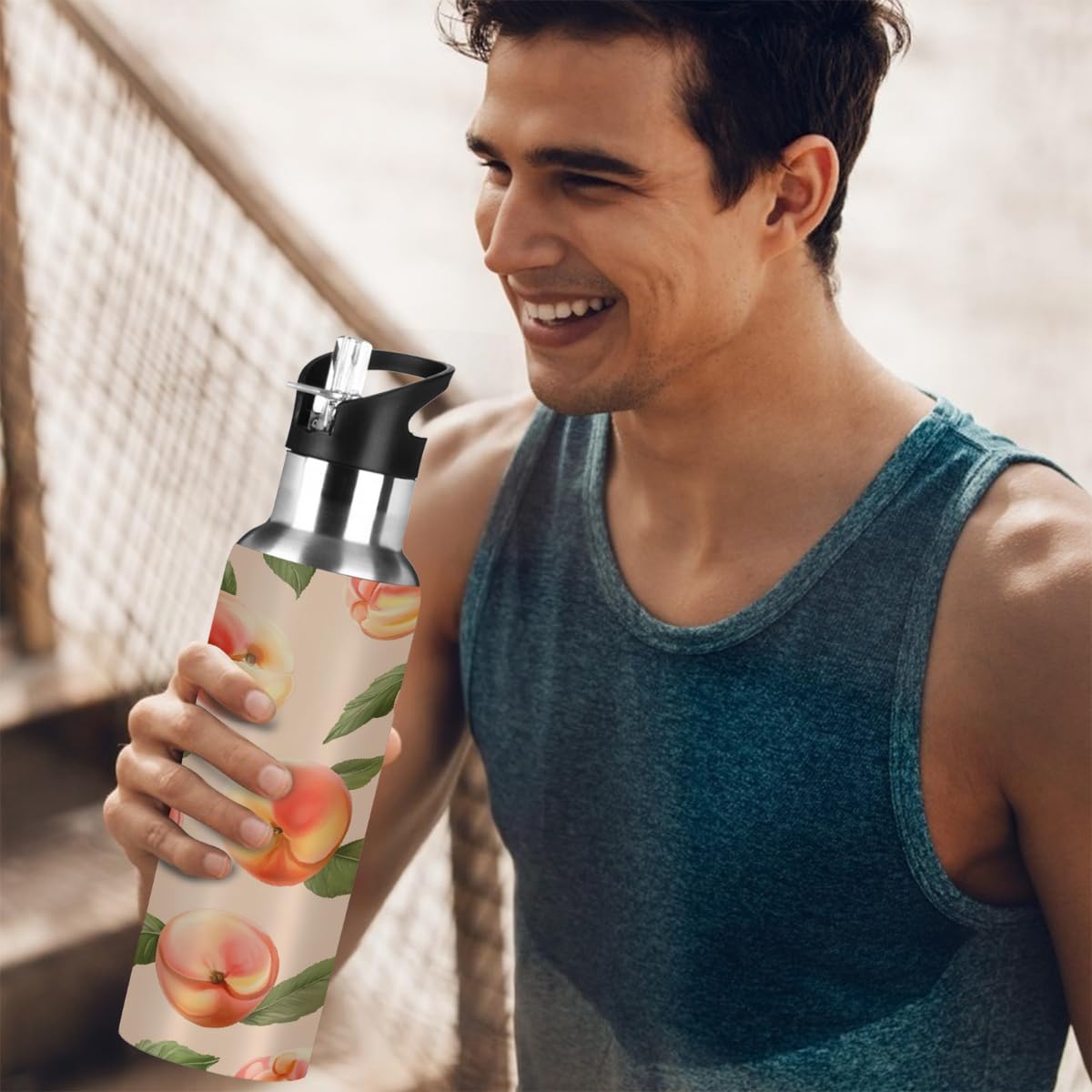 Insulated Water Bottle with Straw, Peach Pattern Stainless Steel Thermal Travel Bottles Tumbler for Gym Fitness Camping, 20oz/600ml