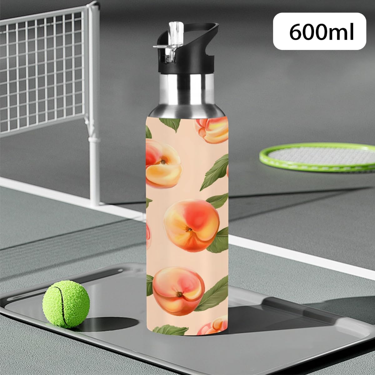 Insulated Water Bottle with Straw, Peach Pattern Stainless Steel Thermal Travel Bottles Tumbler for Gym Fitness Camping, 20oz/600ml