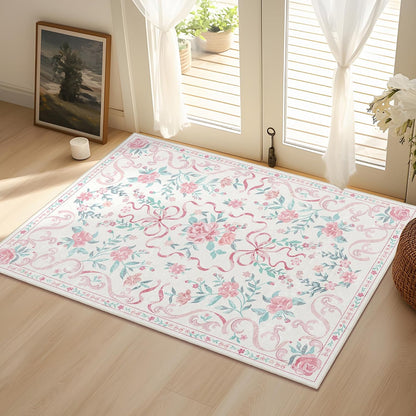 2'x3' Washable Pink Area Rug Floral Bow Small Rug with Rubber Back