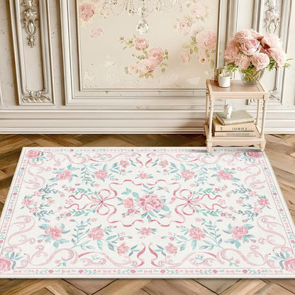 2'x3' Washable Pink Area Rug Floral Bow Small Rug with Rubber Back
