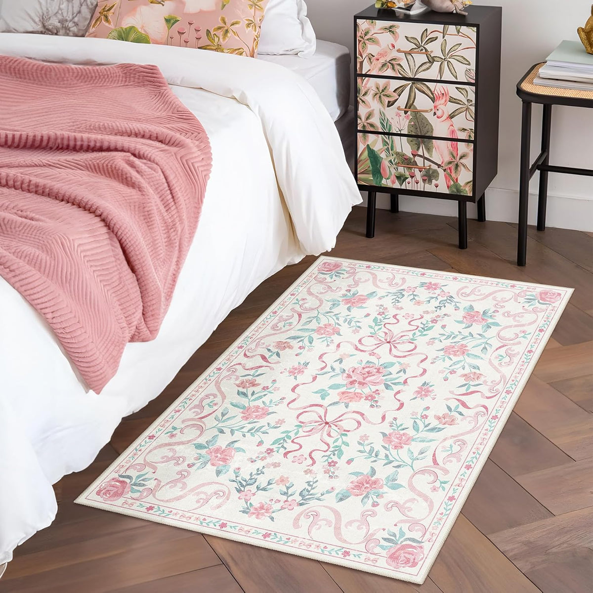 2'x3' Washable Pink Area Rug Floral Bow Small Rug with Rubber Back