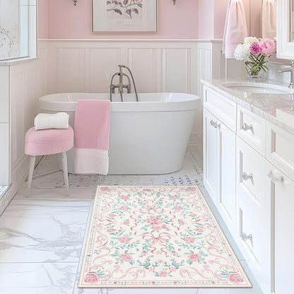 2'x3' Washable Pink Area Rug Floral Bow Small Rug with Rubber Back