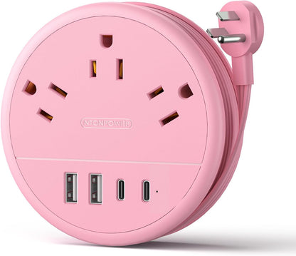 Pink Travel Power Strip, Travel Essentials, Cruise Essentials 3 Outlets 4 USB Ports(2 USB C), 4FT Wrapped Around Extension Cord for Travel Cruise Ship Beach Vacation Essentials
