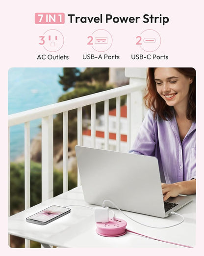 Pink Travel Power Strip, Travel Essentials, Cruise Essentials 3 Outlets 4 USB Ports(2 USB C), 4FT Wrapped Around Extension Cord for Travel Cruise Ship Beach Vacation Essentials
