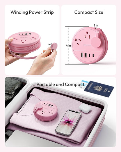Pink Travel Power Strip, Travel Essentials, Cruise Essentials 3 Outlets 4 USB Ports(2 USB C), 4FT Wrapped Around Extension Cord for Travel Cruise Ship Beach Vacation Essentials